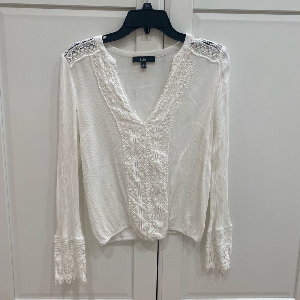 Lulu's White Fitted Embellished Blouse EUC